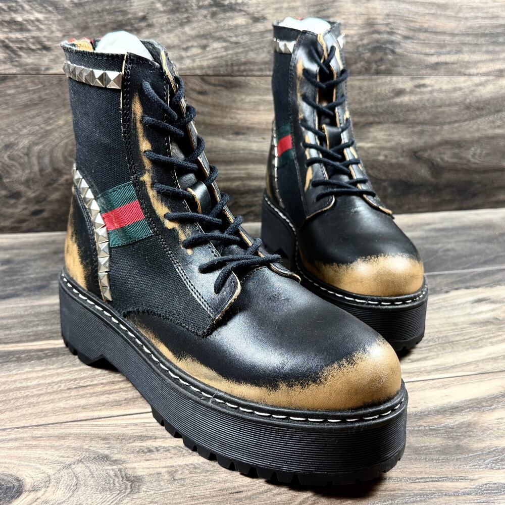 NIB Steve Madden 8.5M Burner Leather Studded Mixed Media Lug Sole Combat Boots - Picture 3 of 11